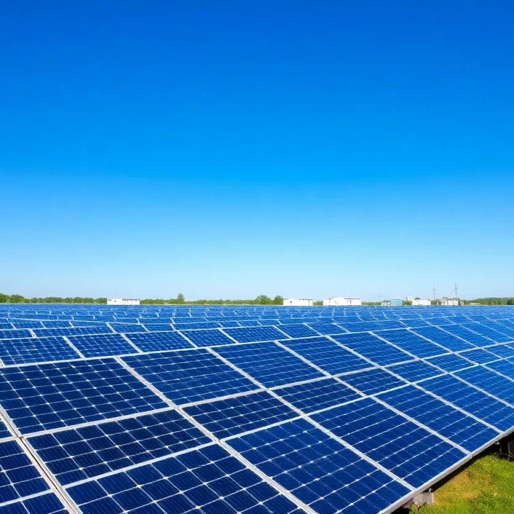 Solar panels and storage units in a renewable energy field.
