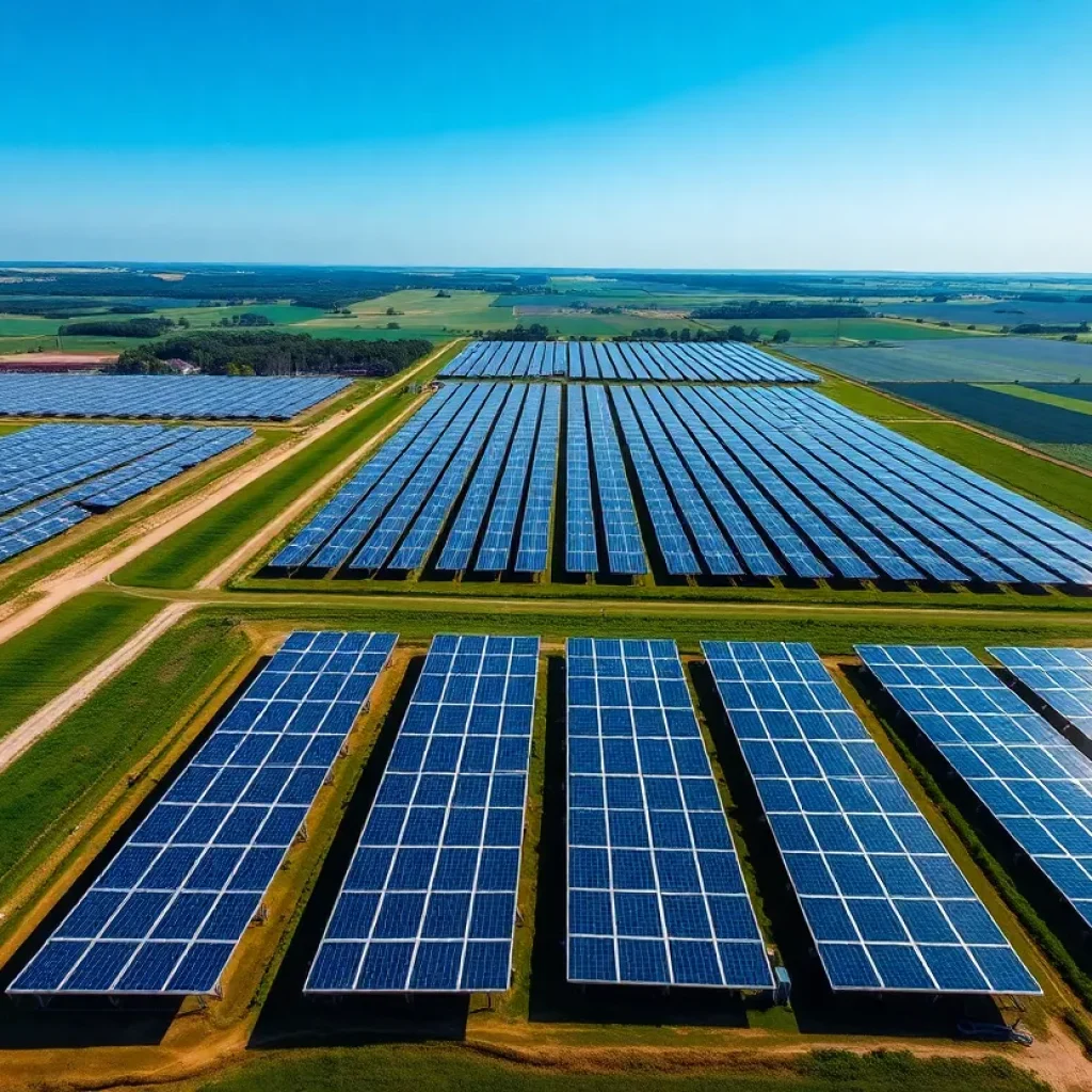 Aerial view of a solar farm with solar panels