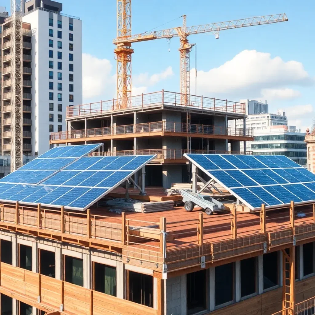 Solar panels on a modern building in New York City under construction.