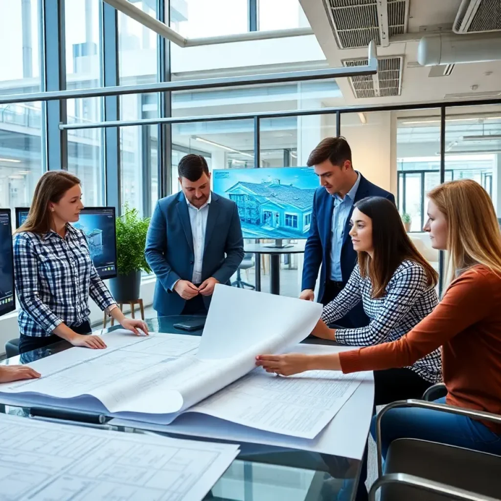 Team collaborating in a modern office for project management