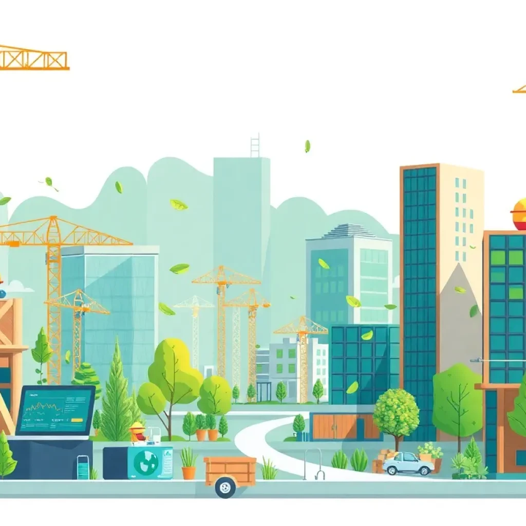 Illustration of eco-friendly construction software and technology.