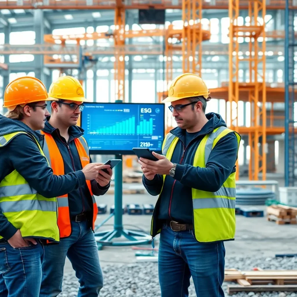 Workers using technology in sustainable construction