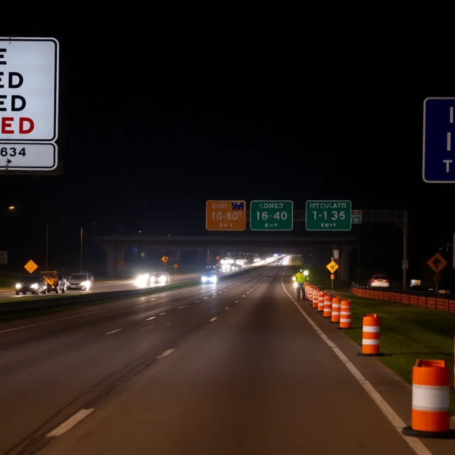 Nighttime view of road construction on Texas highways with lane closure signs.