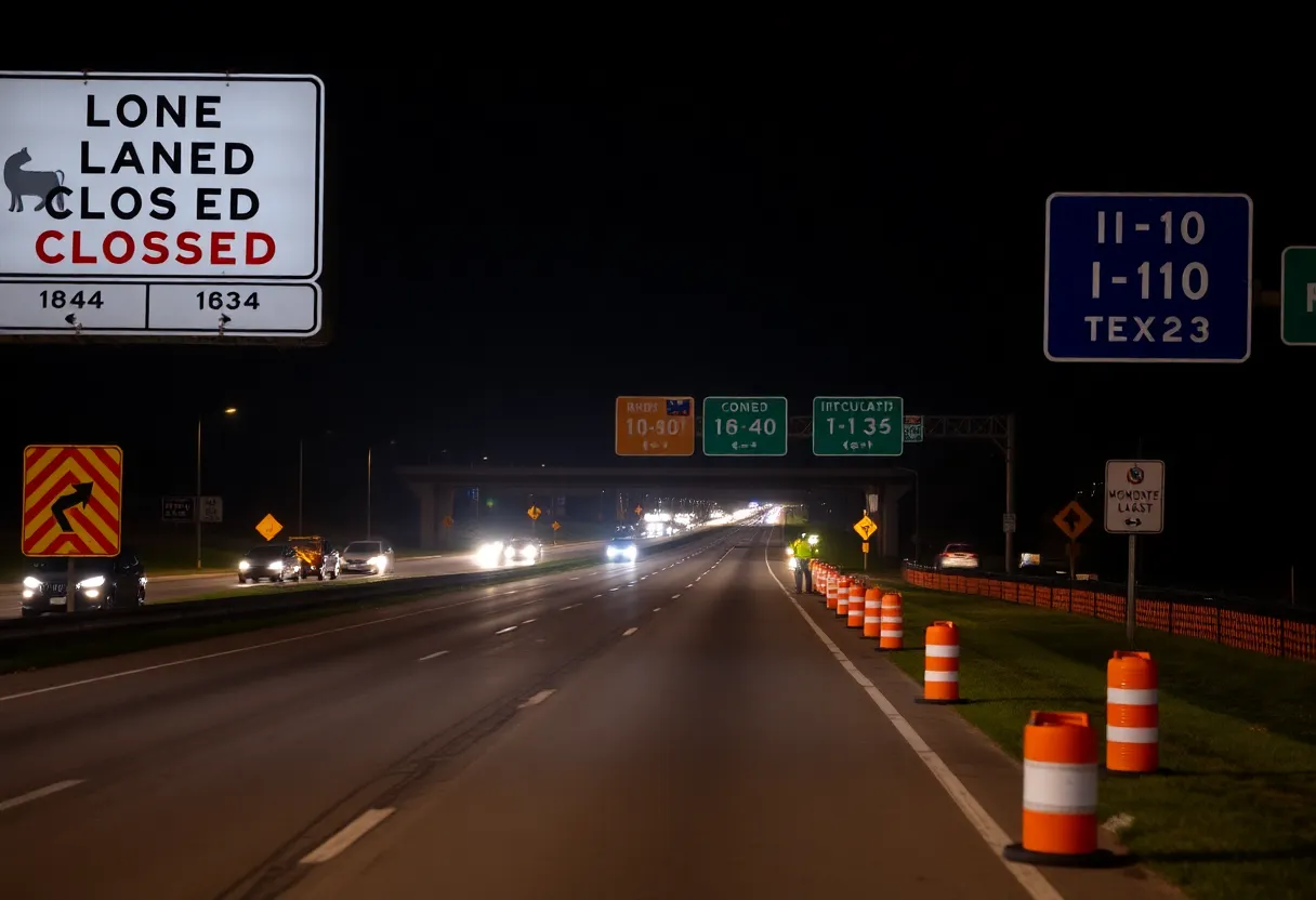 Nighttime view of road construction on Texas highways with lane closure signs.