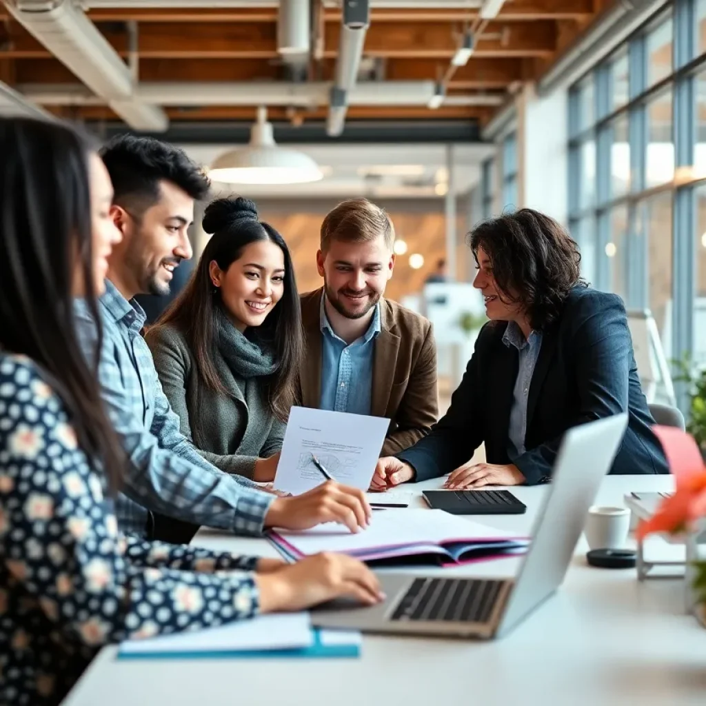 Diverse team collaborating in a modern office improving workforce strategy.