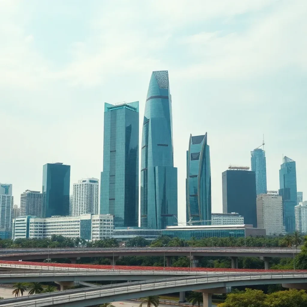 A view of a modern urban landscape in Vietnam with green buildings