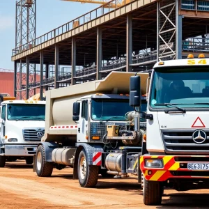 Vocational trucks including dump trucks and concrete mixers at a construction site