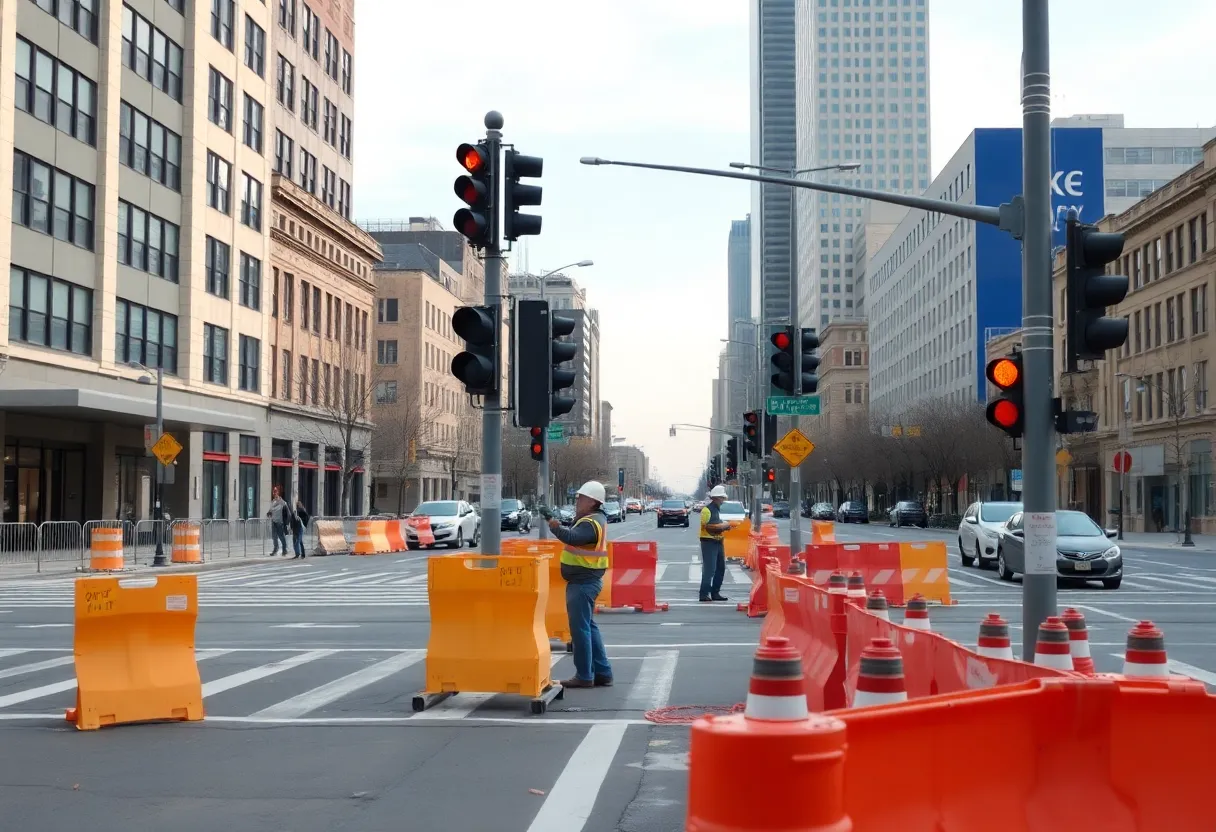 Construction workers on West Texas Street enhancing safety and accessibility