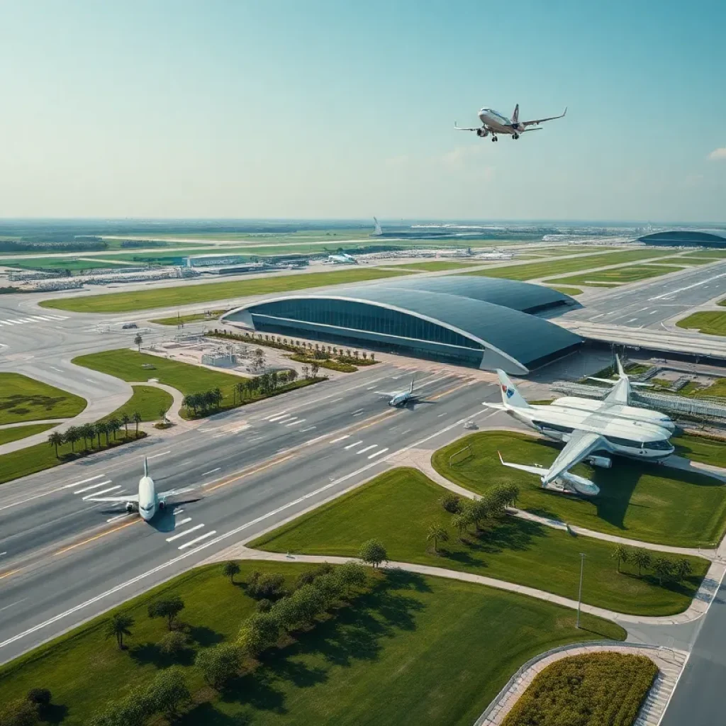 Aerial view of Western Sydney International Airport terminal and runway
