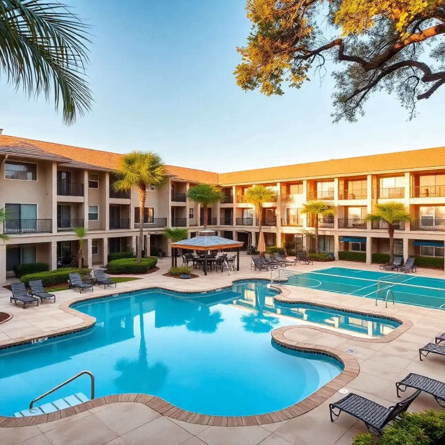 Exterior view of 1800 Ashley West garden‑style apartments with pool, clubhouse and landscaped grounds in West Ashley, Charleston