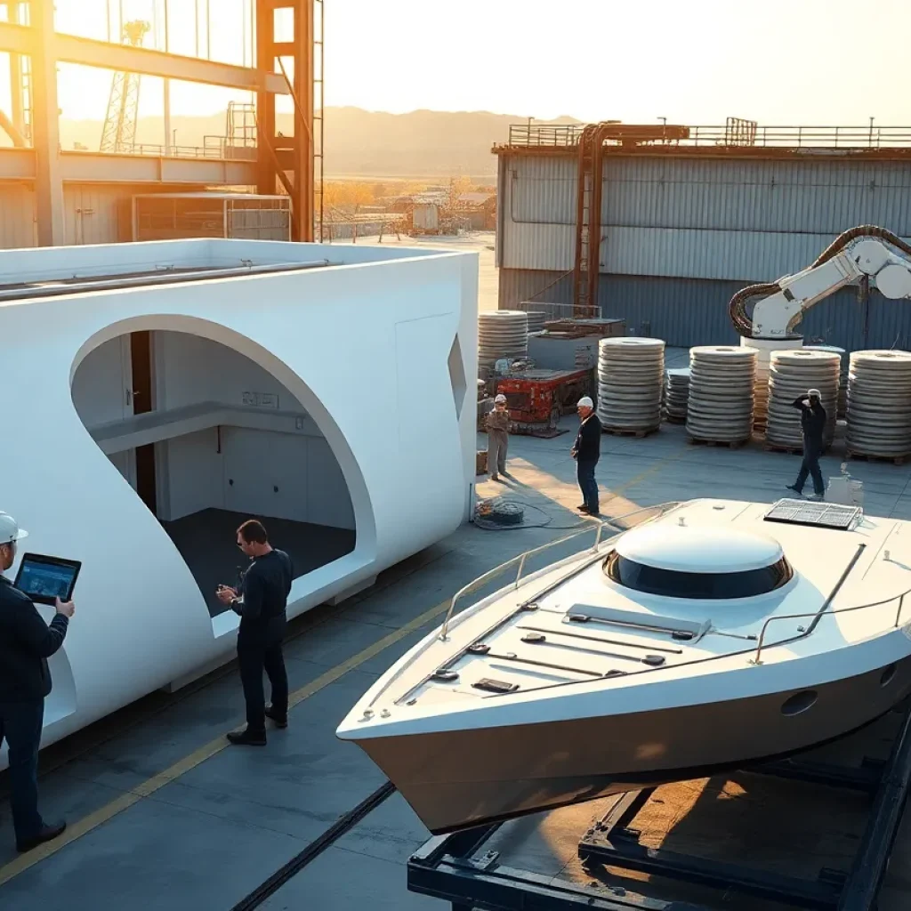 Large-format 3D printer printing curved villa walls beside a printed boat hull and robotic arm in an industrial yard