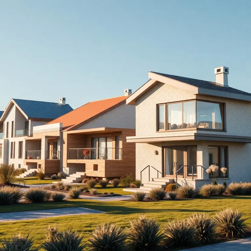 Futuristic 3D printed homes in a residential setting