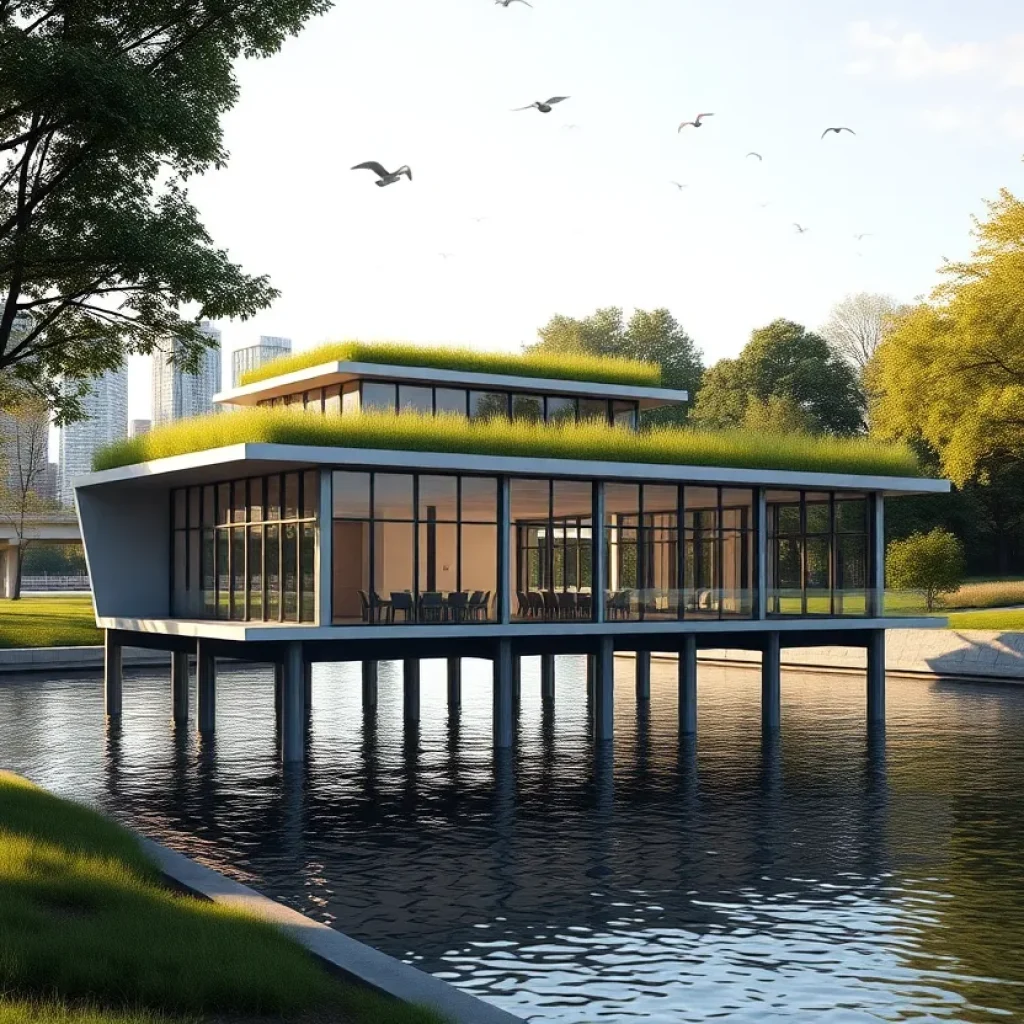 Elevated dockhouse on columns with green roof beside river and trees
