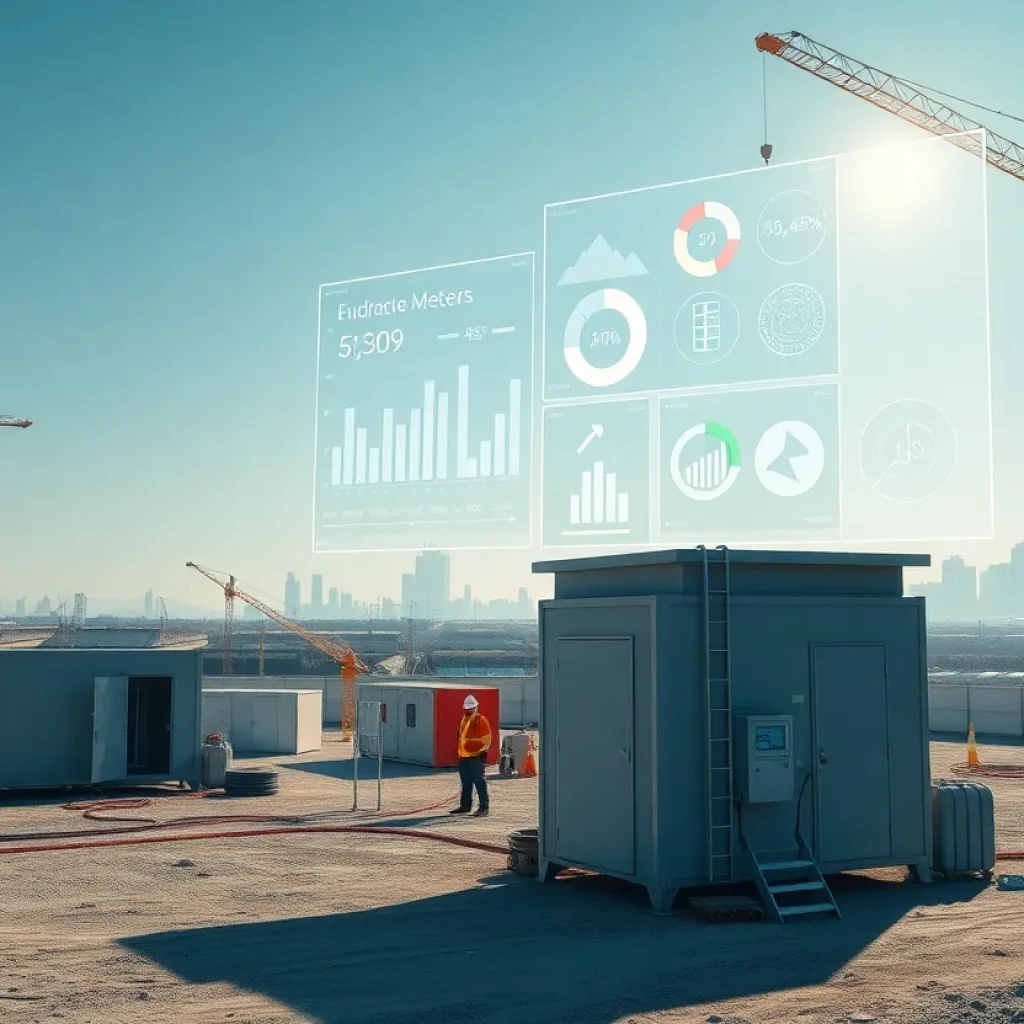 Construction site with smart meters, sensors and a translucent AI energy dashboard overlay