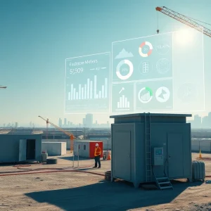 Construction site with smart meters, sensors and a translucent AI energy dashboard overlay
