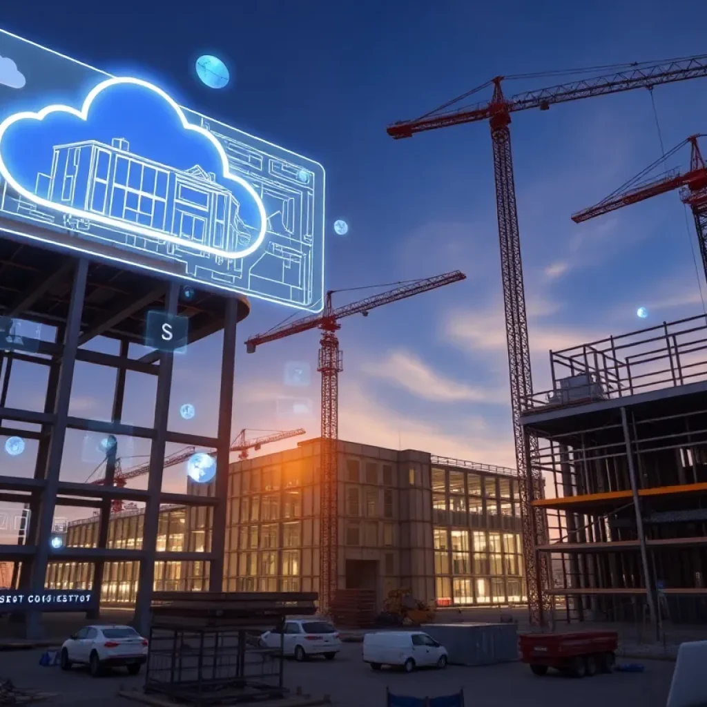 Construction site with holographic AI planning overlays