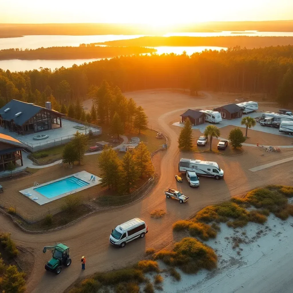 Aerial view showing boutique lodge, lakeside cottages, RV resort and construction activity across Alabama state parks