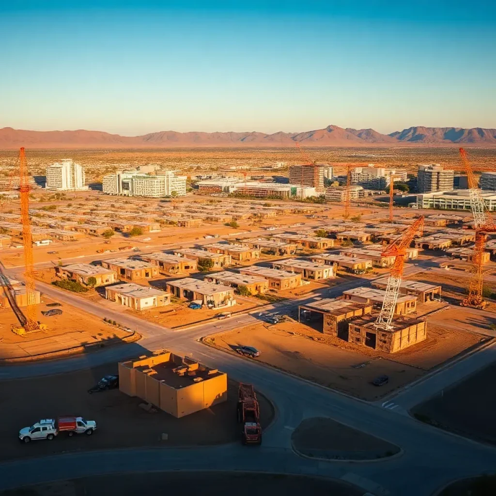 Aerial view of multiple Arizona construction sites and city skyline at sunset