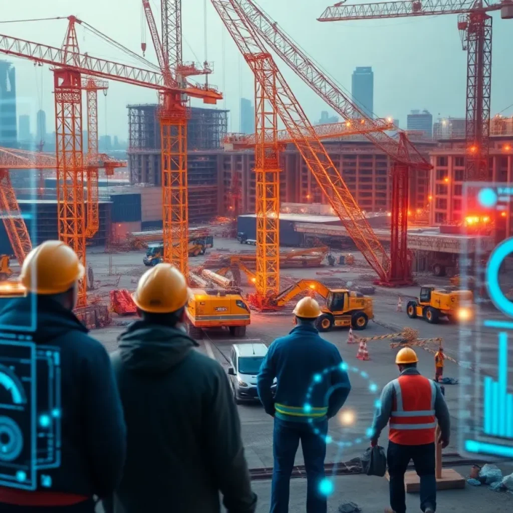 Busy construction site with digital AI scheduling overlays and equipment