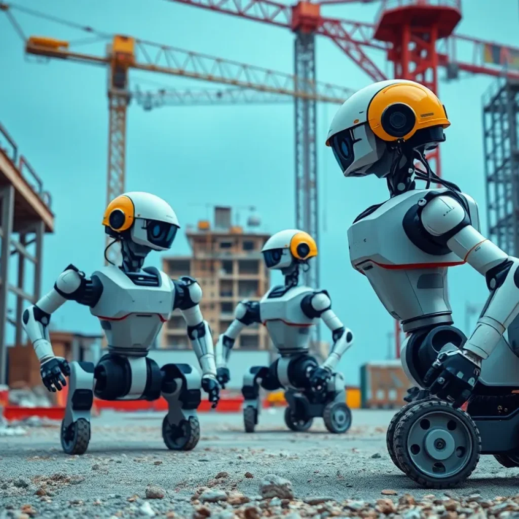 Robots working on a construction site with advanced technology.