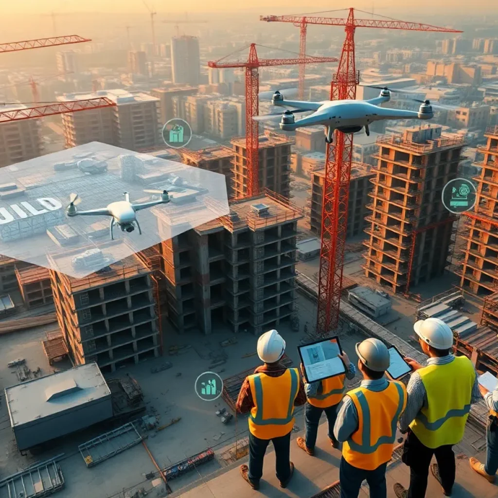 Urban construction site with cranes, engineers using tablets and semi-transparent 3D BIM overlays showing digital models and data.