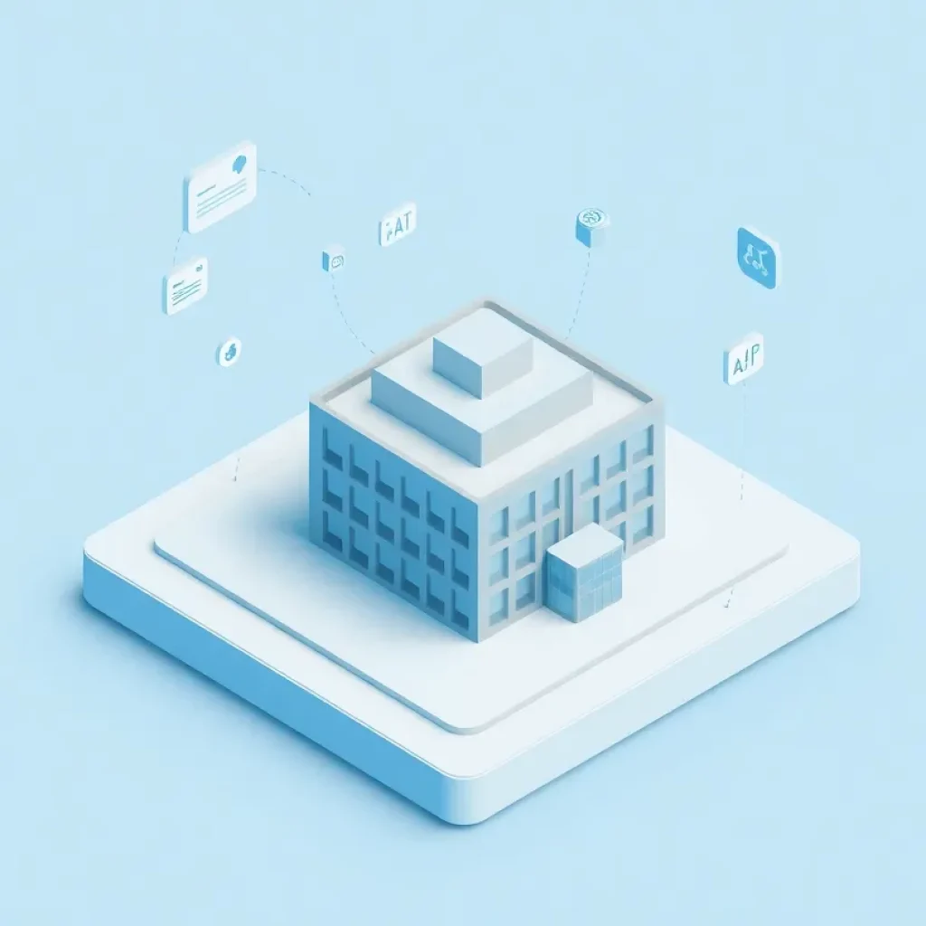 Cloud interface displaying a 3D building model with external metadata tags, content catalog panel, and API integration indicators