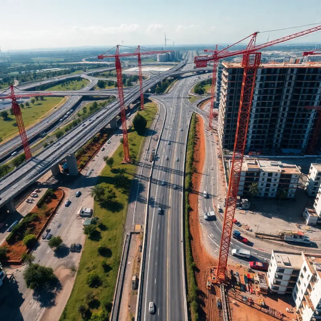 Aerial view of Brazilian urban construction site with cranes, buildings, solar panels and construction equipment