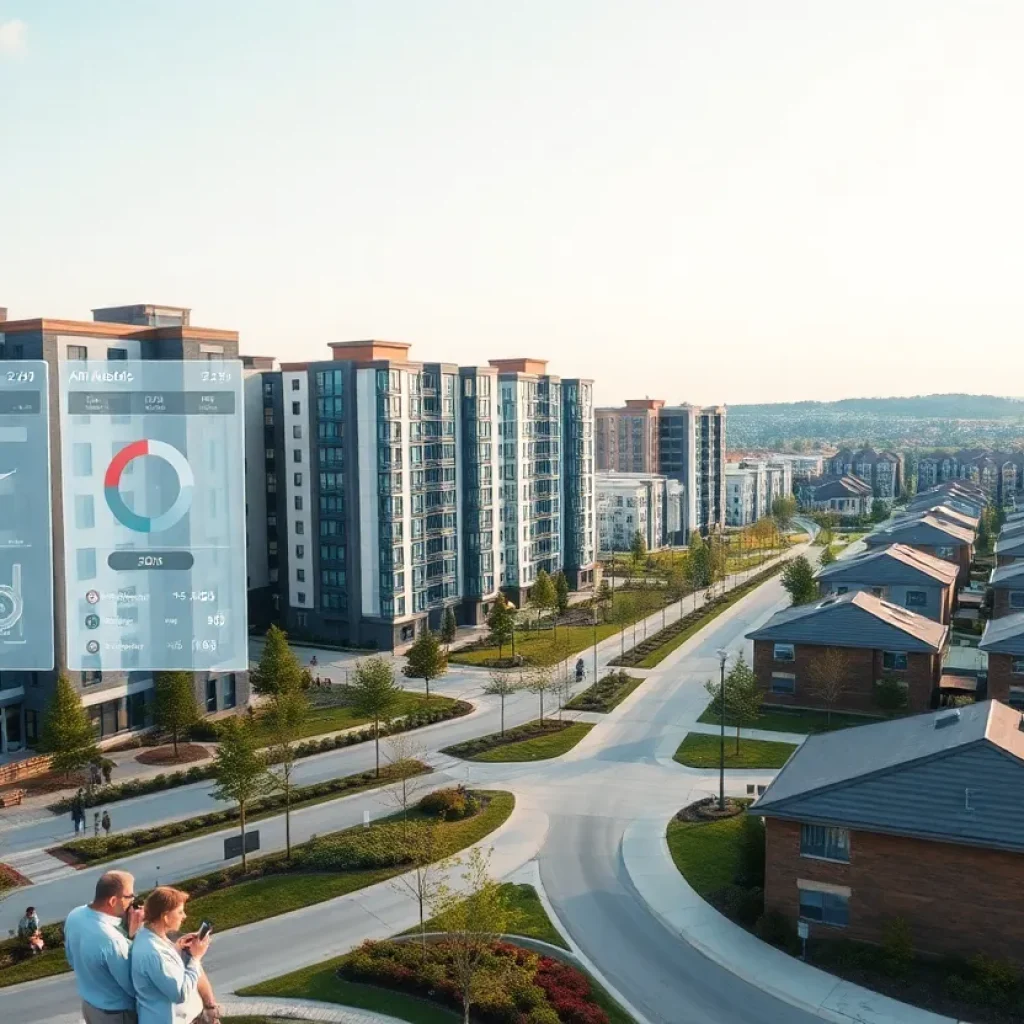 Build-to-Rent development with digital analytics overlays and residents using mobile apps