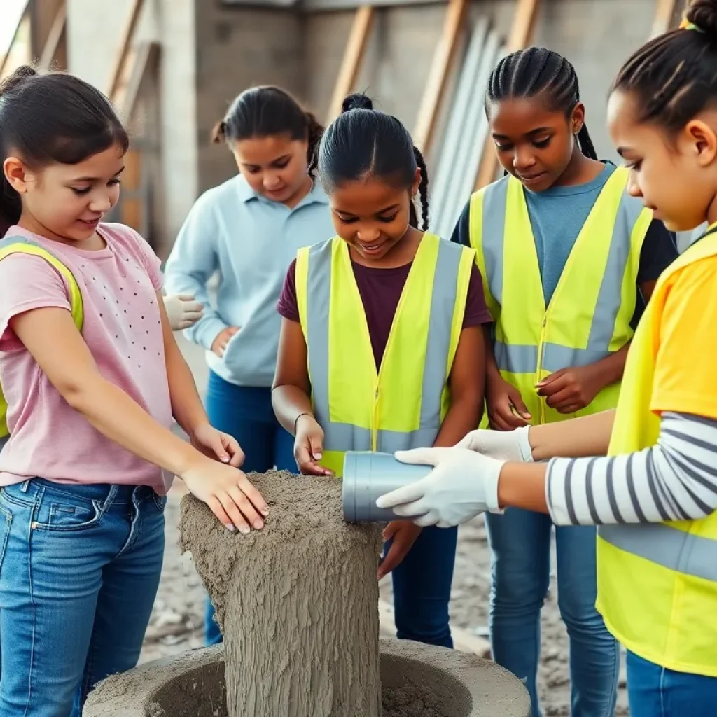 Young girls engaged in construction activities at the Build Like a Girl program.