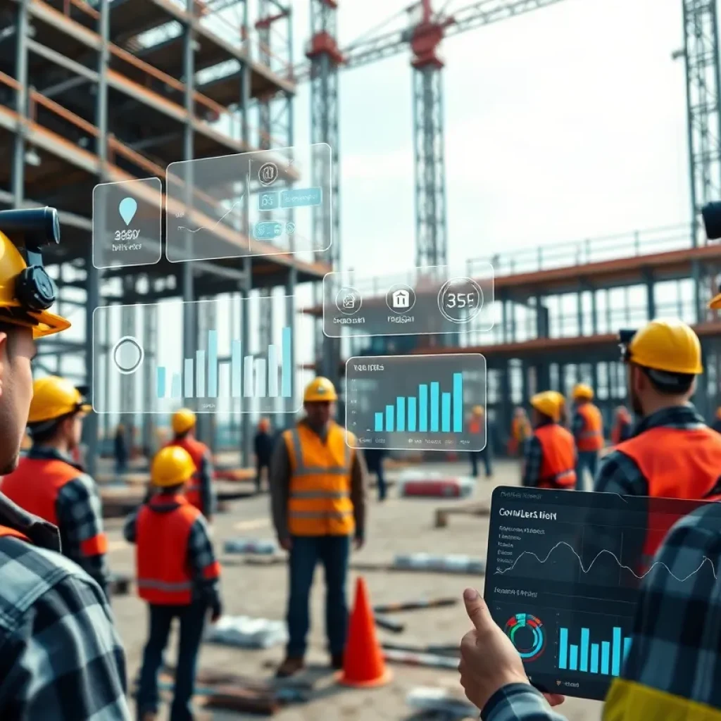 Construction site with workers wearing hard hats fitted with 360-degree cameras and digital overlays showing detected issues and analytics