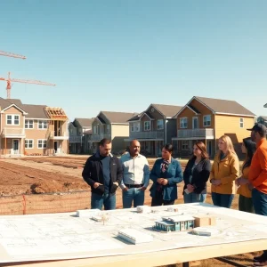 Construction site for affordable townhomes with community members reviewing plans nearby