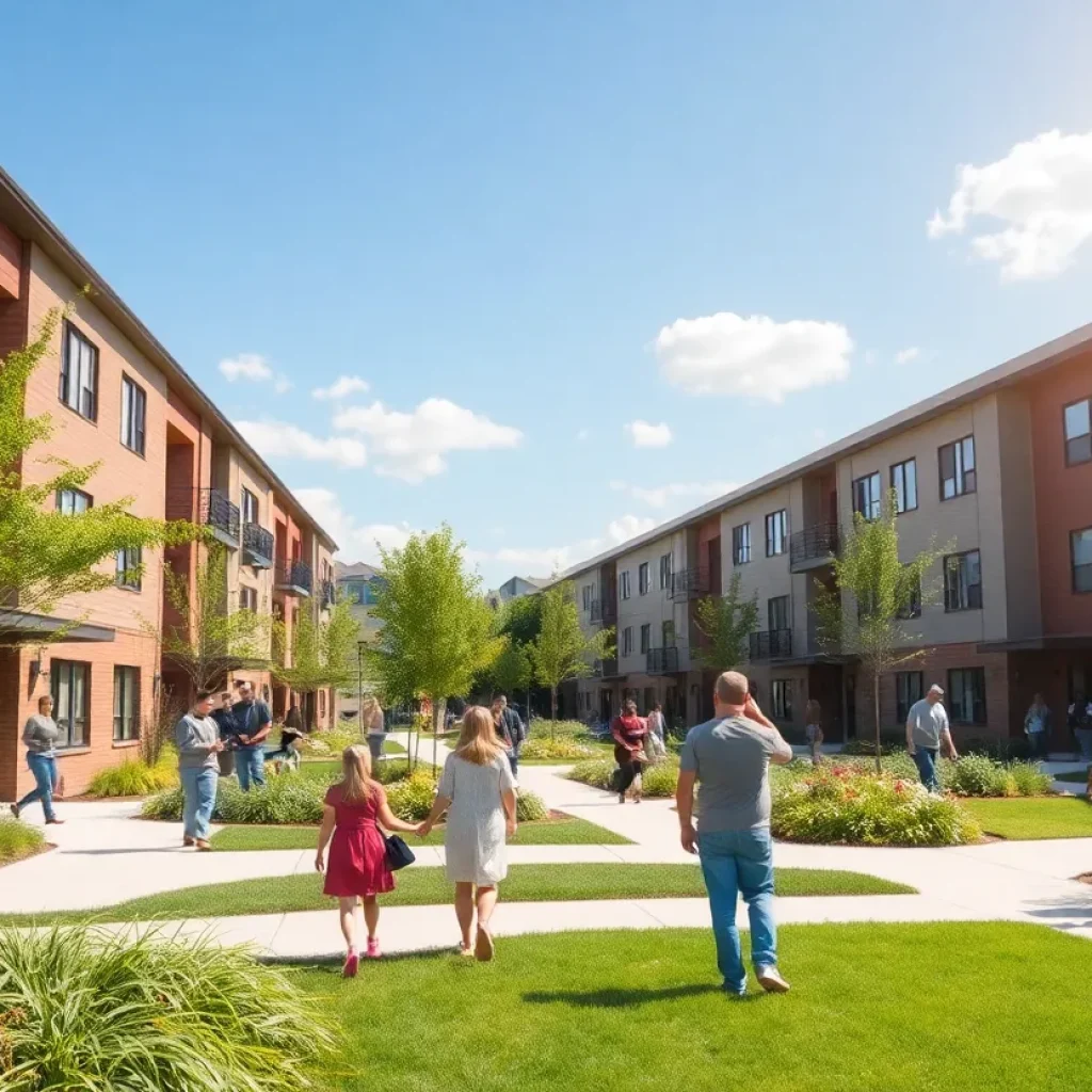 Affordable housing community in California with families and greenery