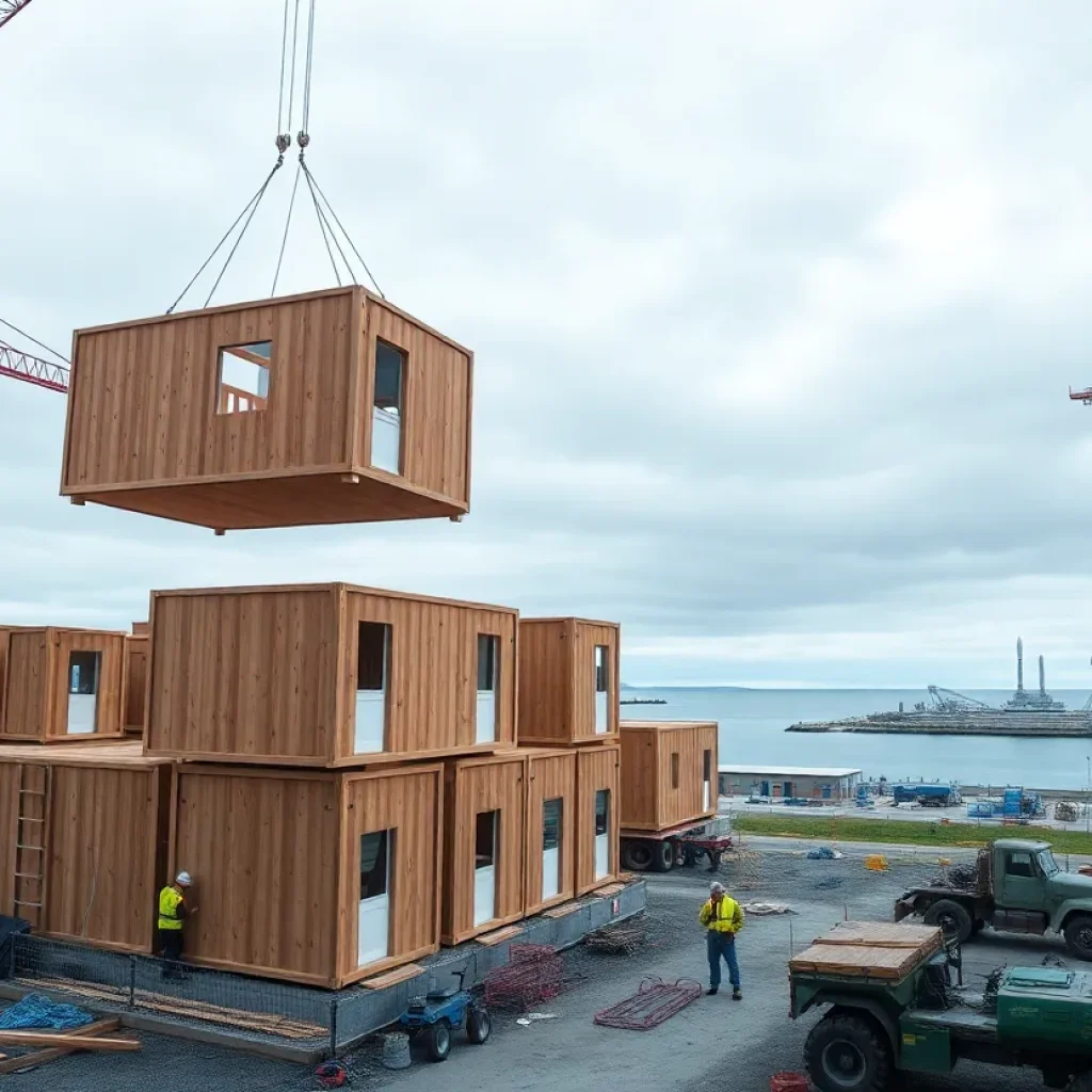 Modular housing units being craned into place at a Canadian construction site with a small spaceport visible near the coast