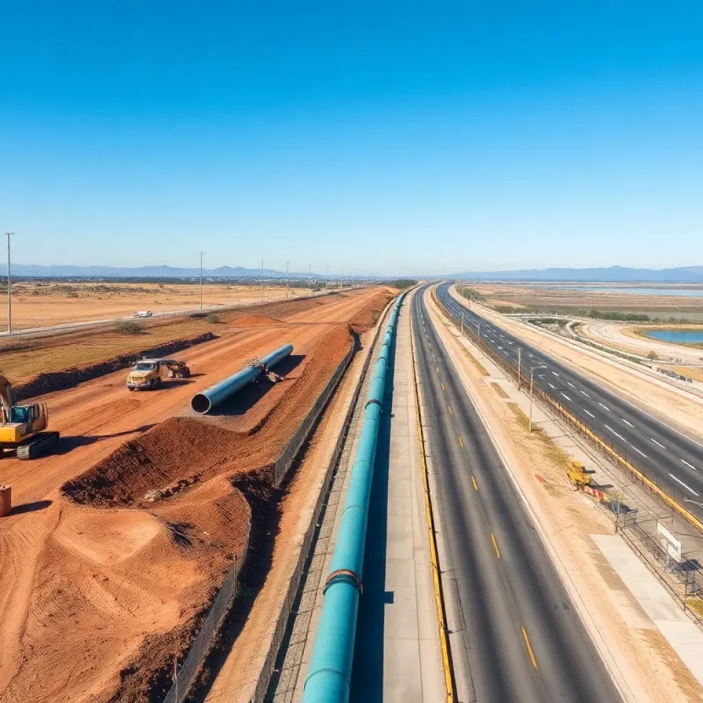 Aerial view of canal replacement and road widening construction in Contra Costa County