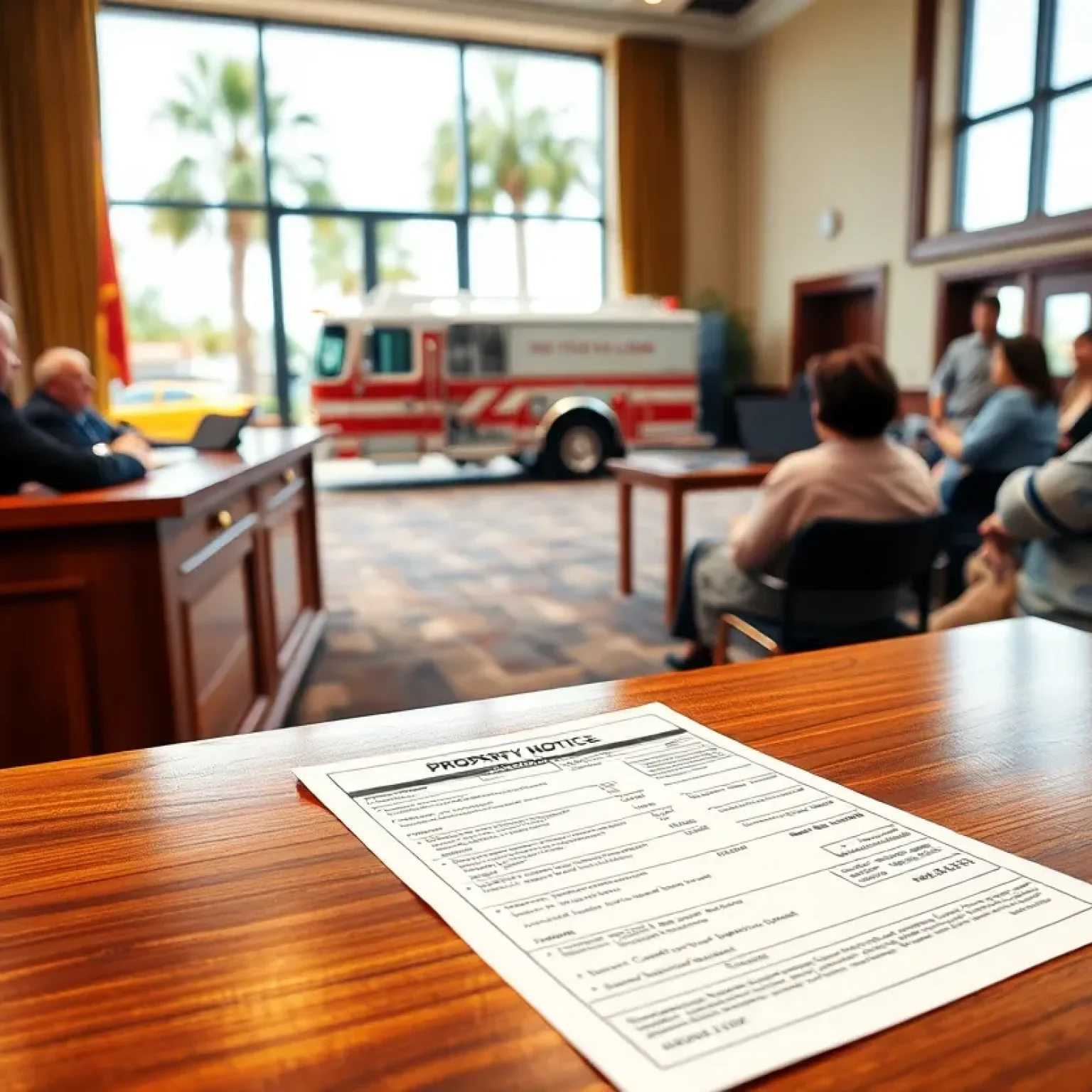 Municipal council meeting with a close-up of a property tax bill and utility notice, fire engine and utility truck visible outside