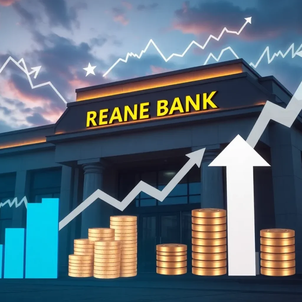 Regional bank building with financial charts, dividend documents, and coins representing dividend and share buybacks