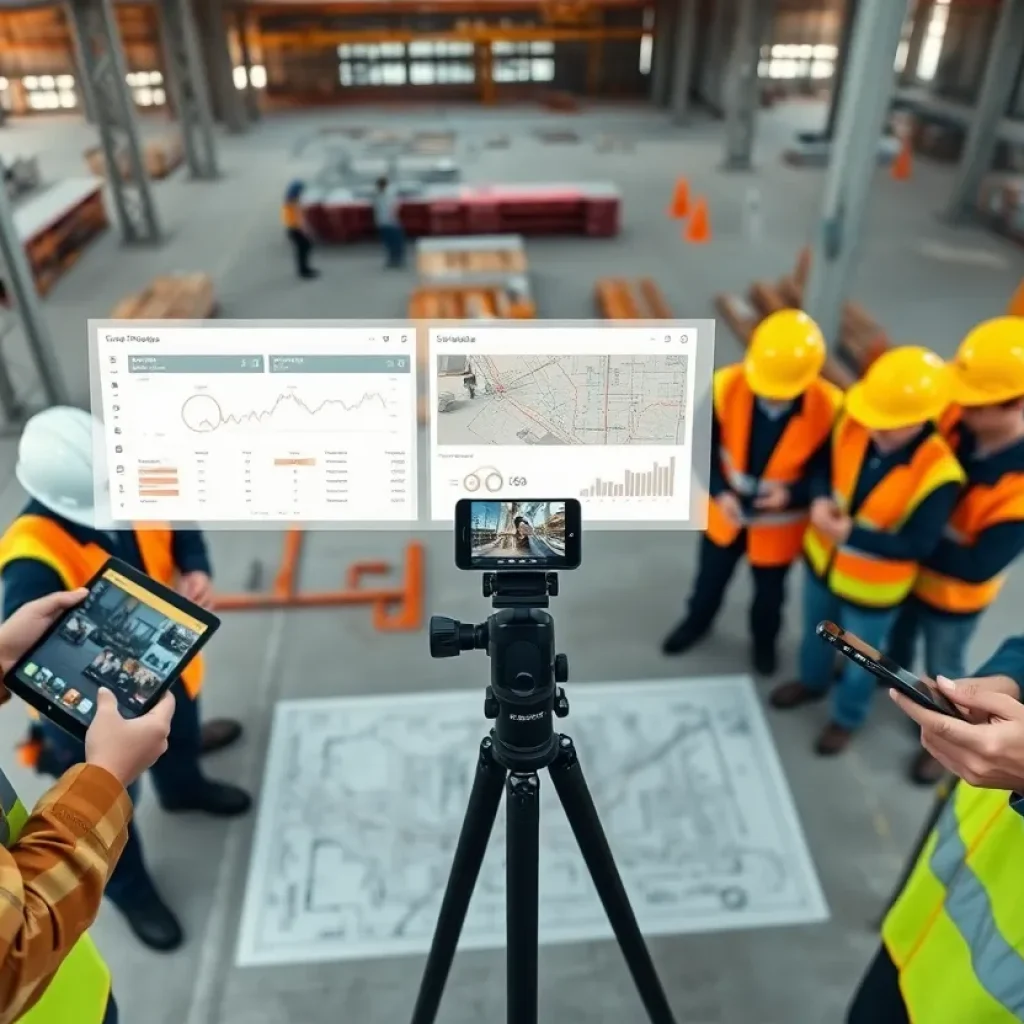 Construction workers using tablets with digital floor plans and dashboard overlays showing time-stamped photos and synced schedules