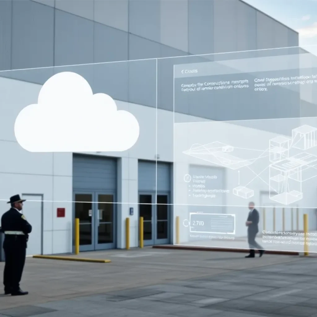 Exterior of a cleanroom facility with silhouetted protesters outside and a translucent overlay of a cloud-based construction software interface and 3D model.