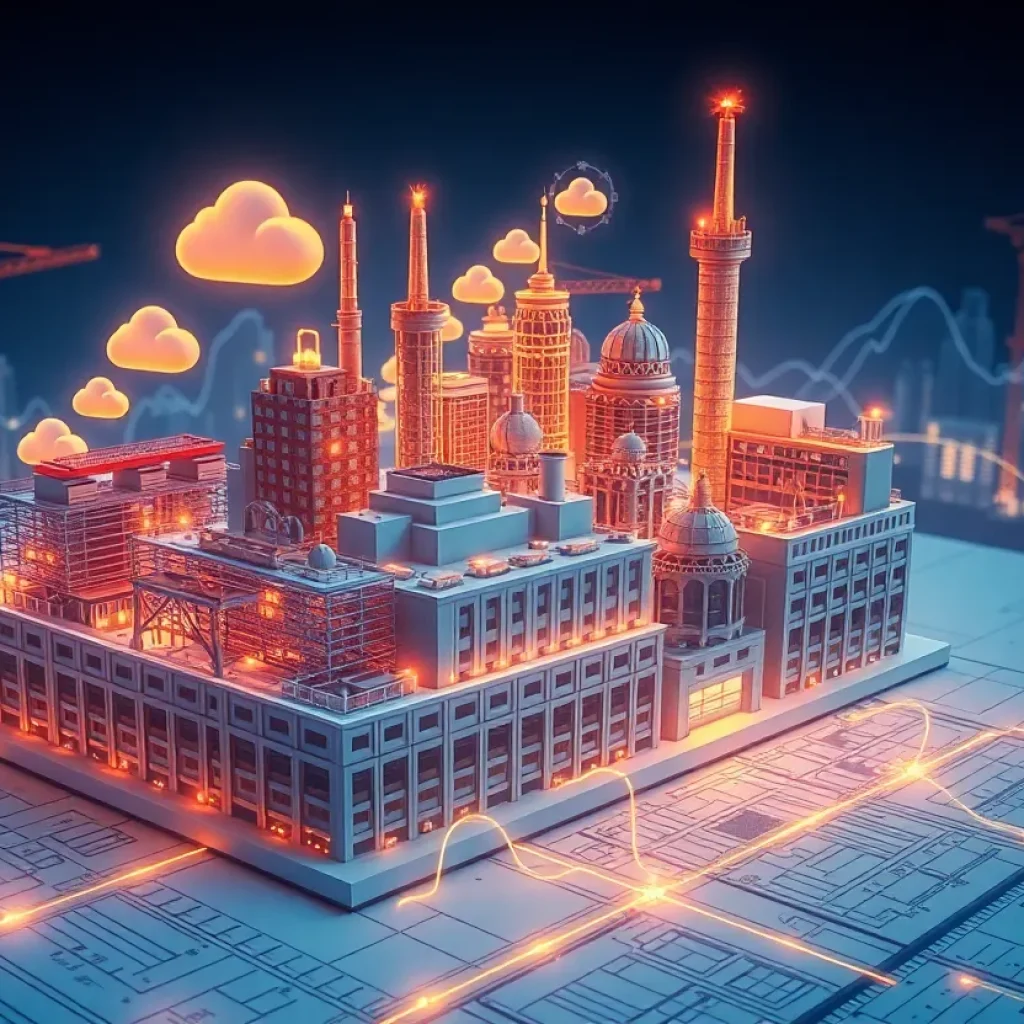3D city and manufacturing model with cloud AI overlays and upward financial chart