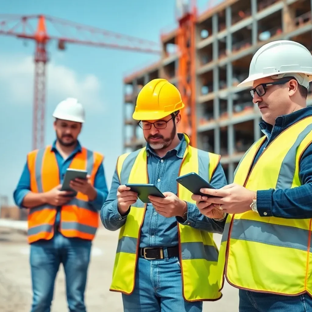 Construction workers collaborating through cloud technology