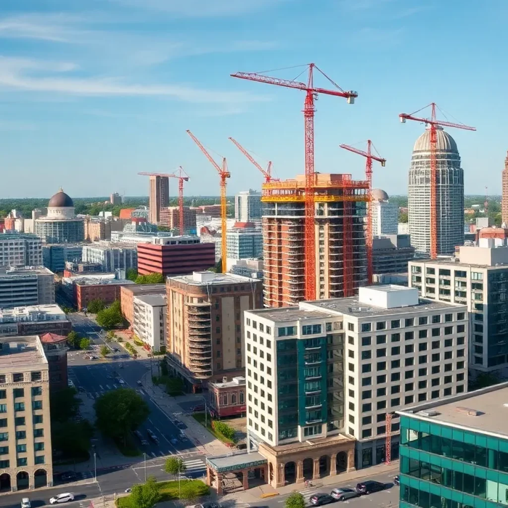 Construction site in Columbus, Ohio shows apartment buildings being erected.