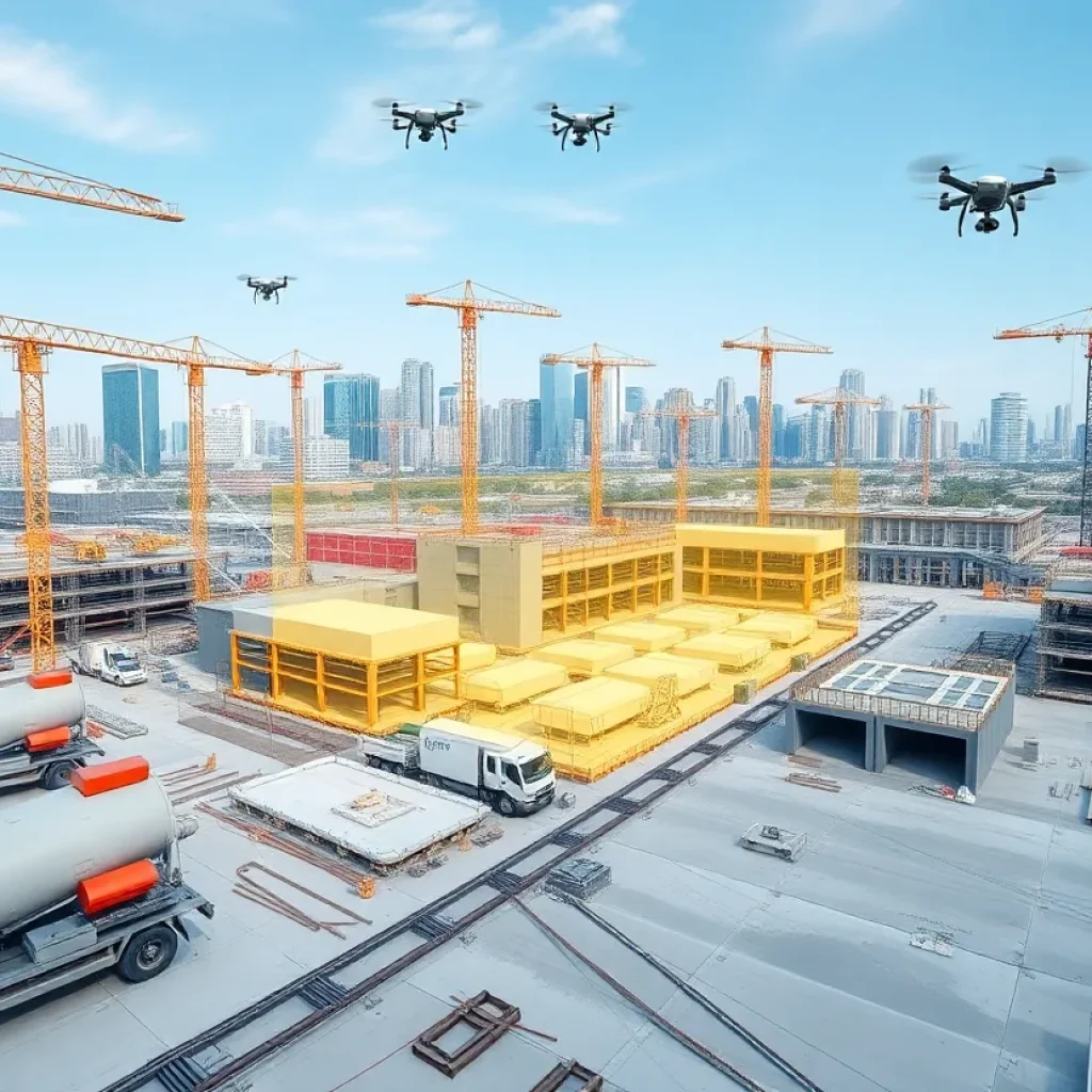 Urban concrete construction site with cranes, precast panels, BIM overlay and drones