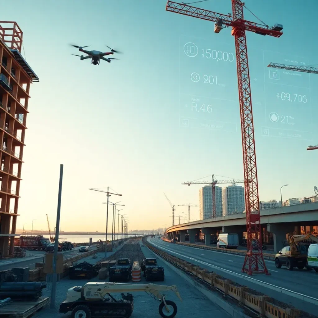 Mass-timber waterfront office and freeway construction site with drones, smart cameras and digital ERP data overlays representing industrial AI tools