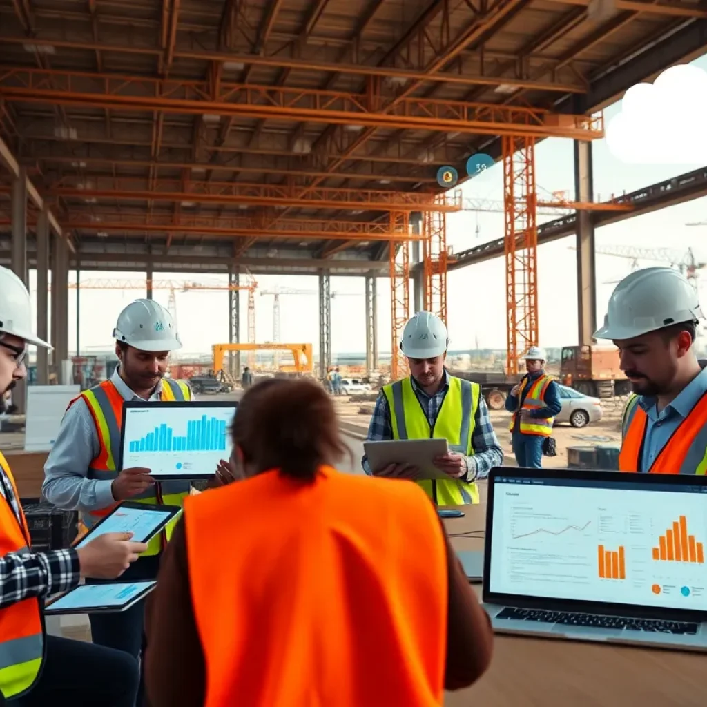 Construction crew and office staff viewing ERP dashboards on tablets and laptops at an active jobsite with cranes in the background