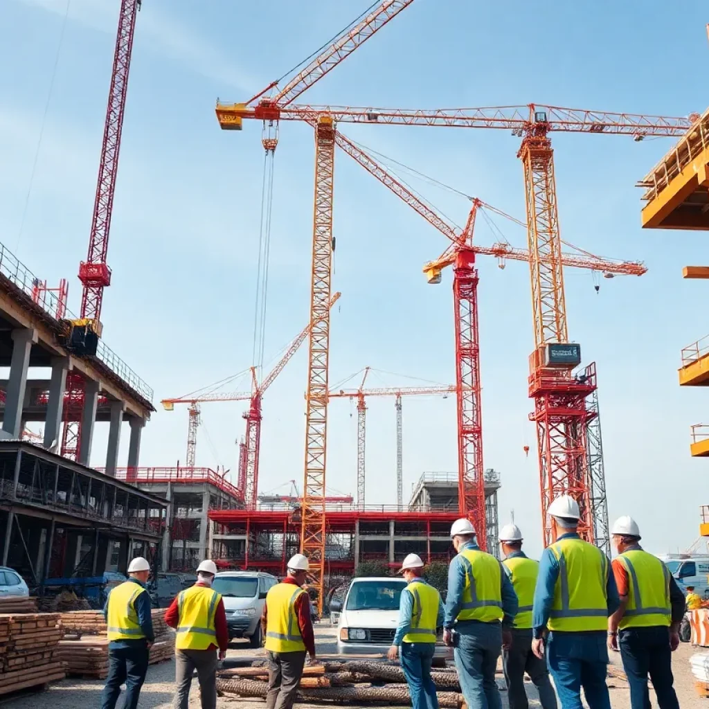 Construction site with workers and machinery
