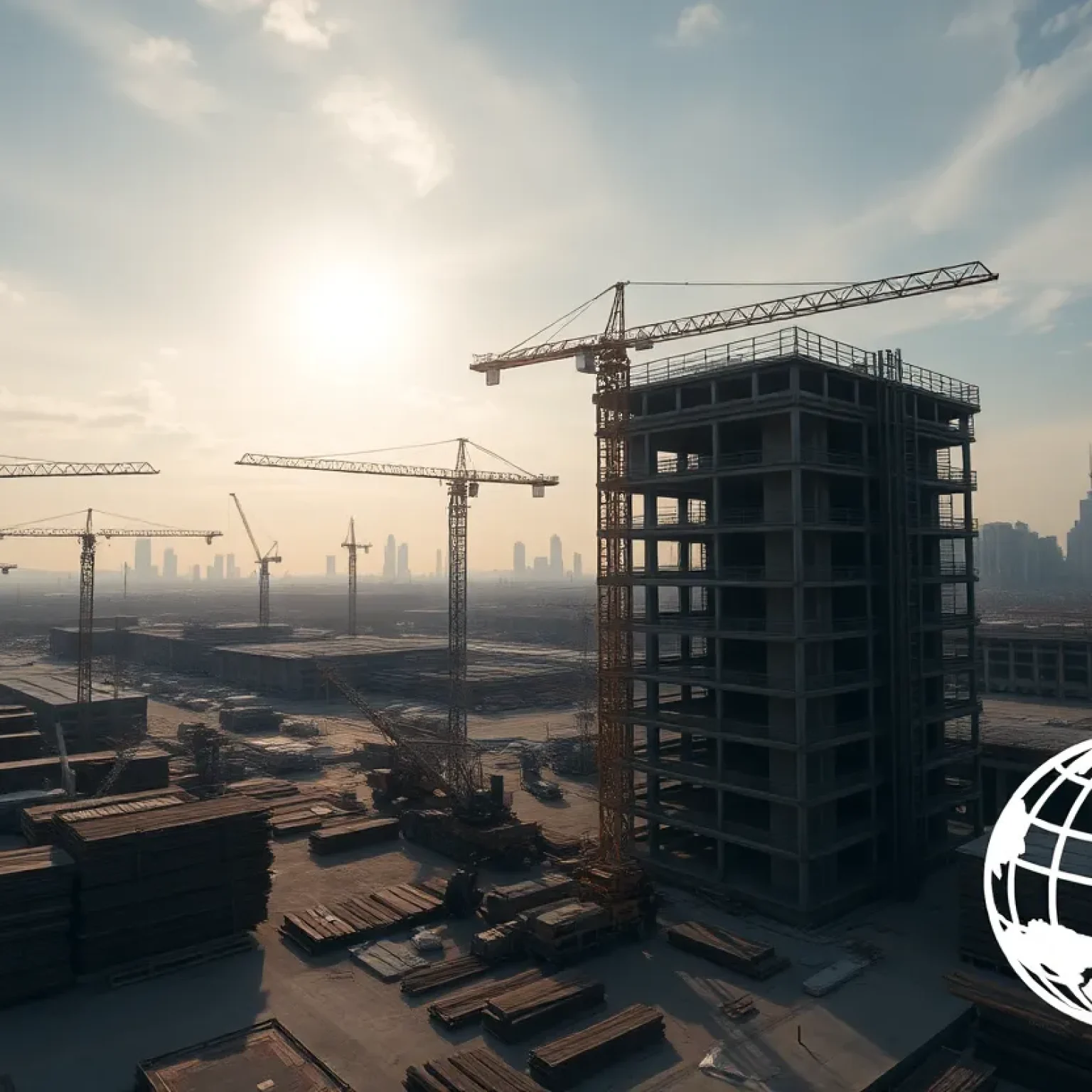 Construction site with cranes and overlay of financial inflation charts
