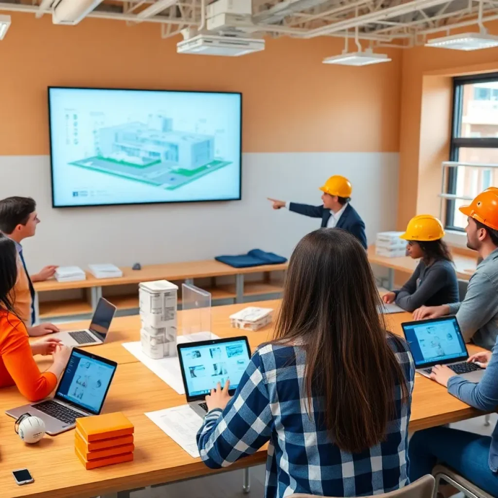 University construction management students reviewing blueprints and digital building models in a modern classroom lab
