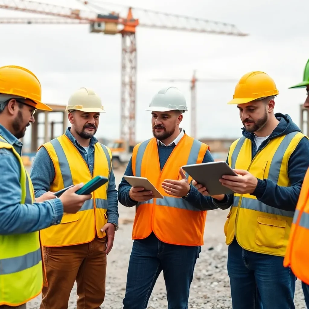 Visual representation of construction management software tools in use on a construction site.