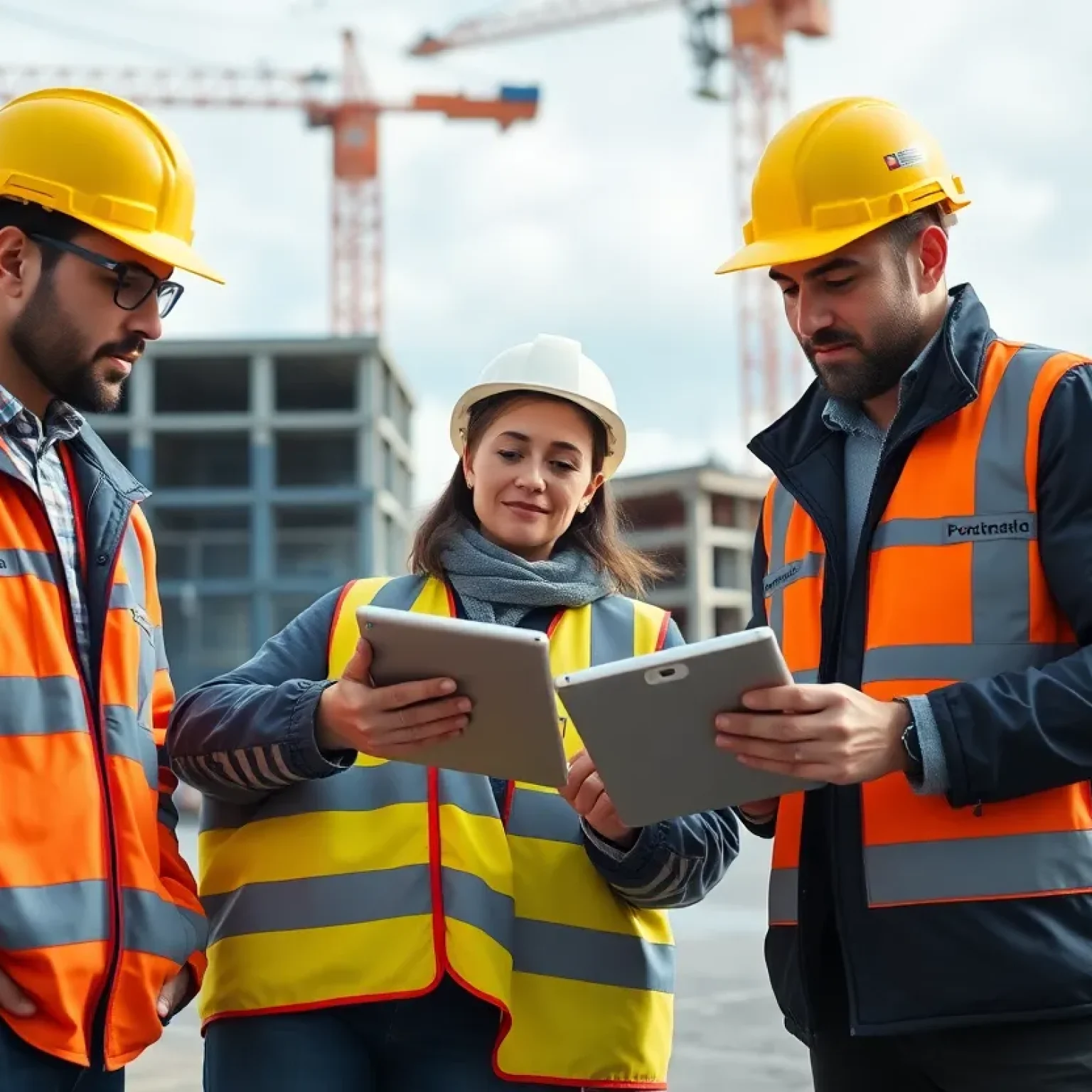 Construction workers using software on site to enhance productivity