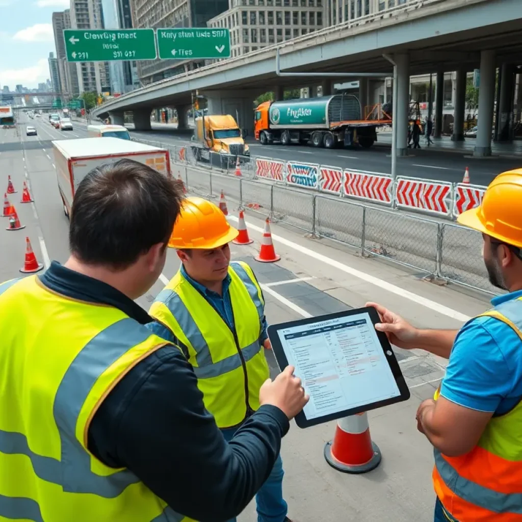 Construction team reviewing scheduling software on a tablet with Chicago expressway lane shifts and event barriers in the background